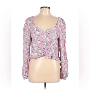 Abound pink fade to flower long sleeve ruffle hem blouse